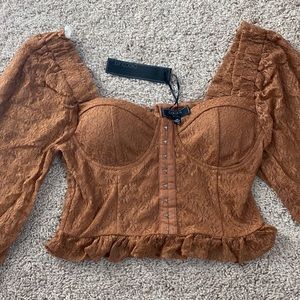 Brown Lace Corset Flounce Sleeve Cropped Blouse🤎